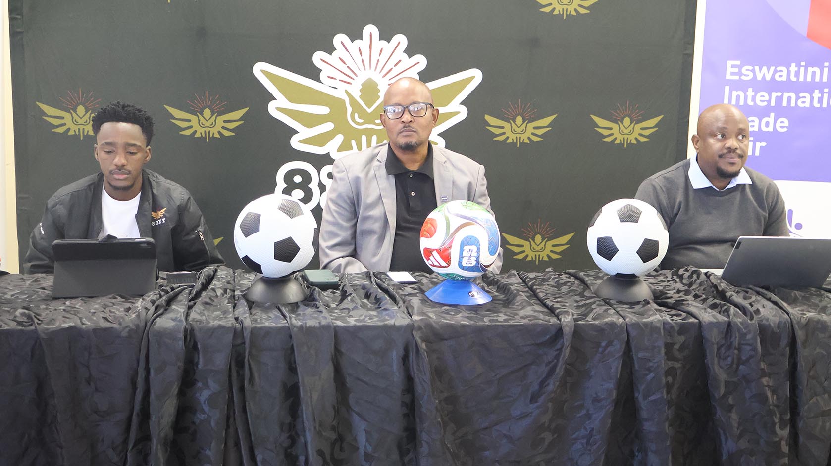 (L-R) 8Bet Head of Marketing Mnqobi Tsabedze, PLE Executive member Sandile ‘Beyond 2000’ Zwane and EIPA Manager for Domestic Trade Promotion Siphesihle Nkhabindze during yesterday’s media briefing on the 8Bet Trade Fair Cup. (Pics: Nimrod Hlophe)